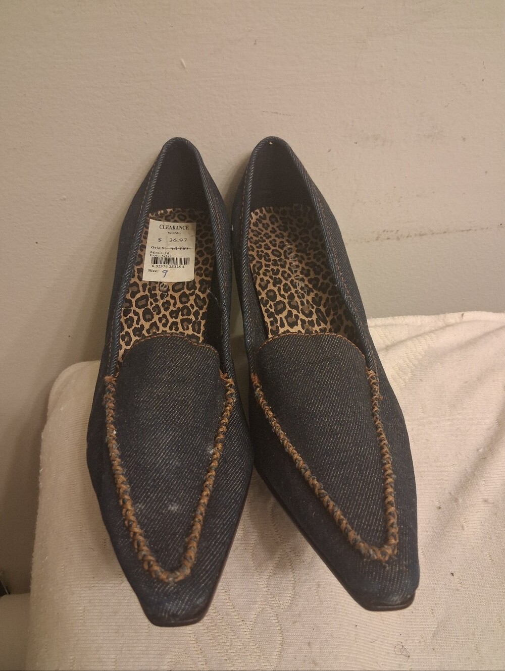 Denim Pointed-Toe Loafers with Leopard Insole - Women's Blue, 4" heels, Size 9 M